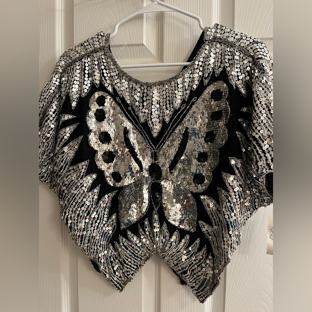 VINTAGE~SILK SEQUIN BUTTERFLY BLOUSE~26X24~ NWT - Picture 10 of 10